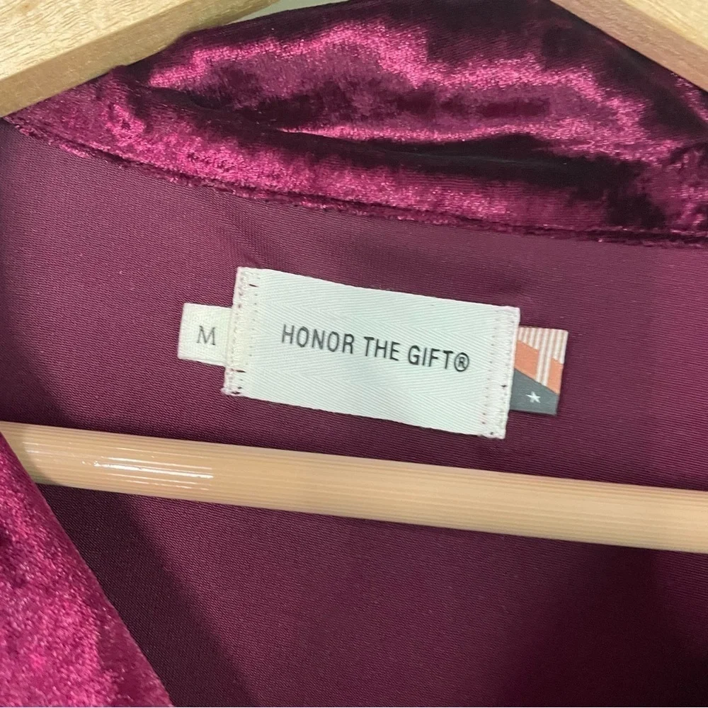[Honor The Gift] Burgundy Crushed Velvet PJ Button Down Long Sleeve Top - Picture 5 of 7